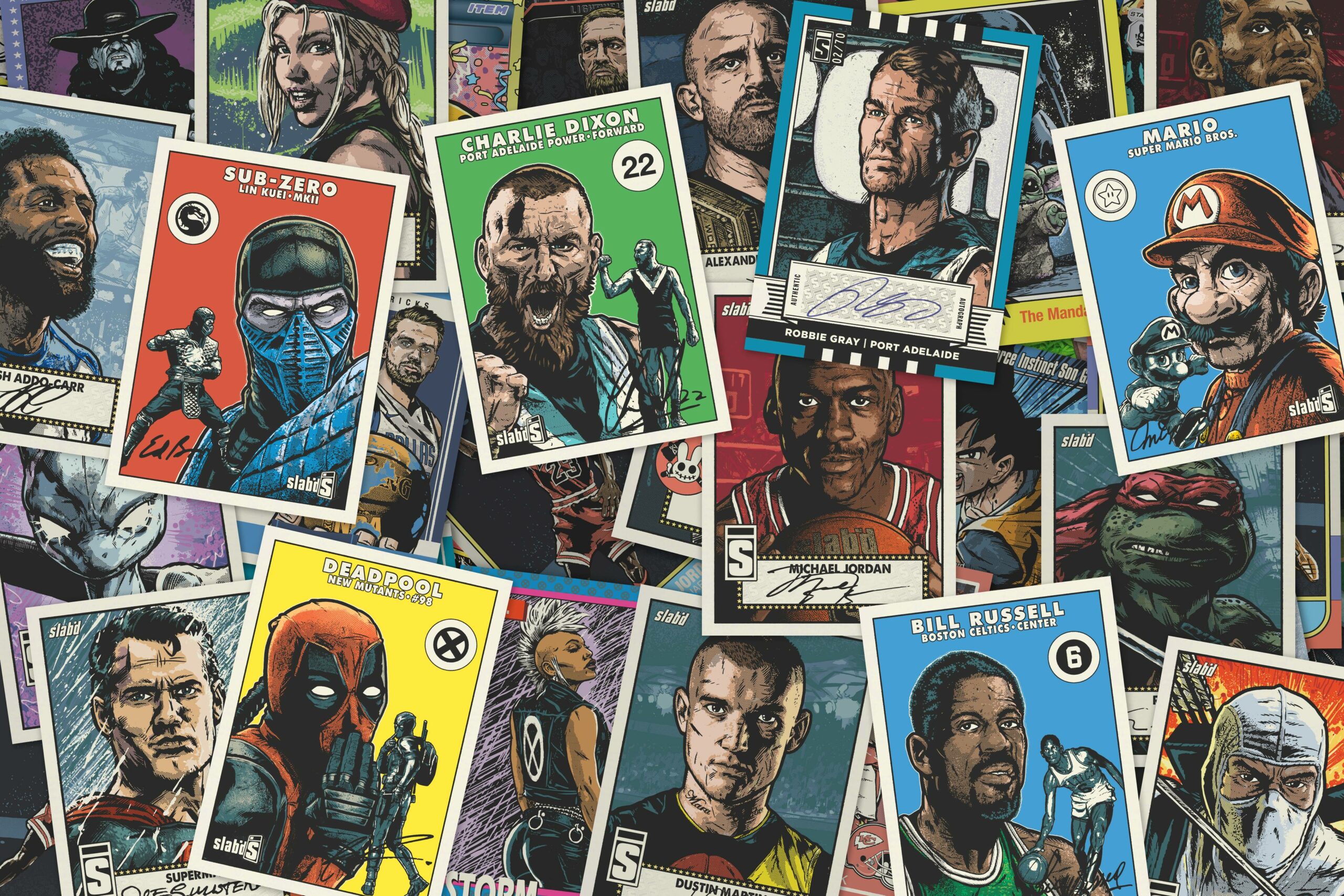 SLABD’s hand-drawn collage of sporting heroes and collectible card characters