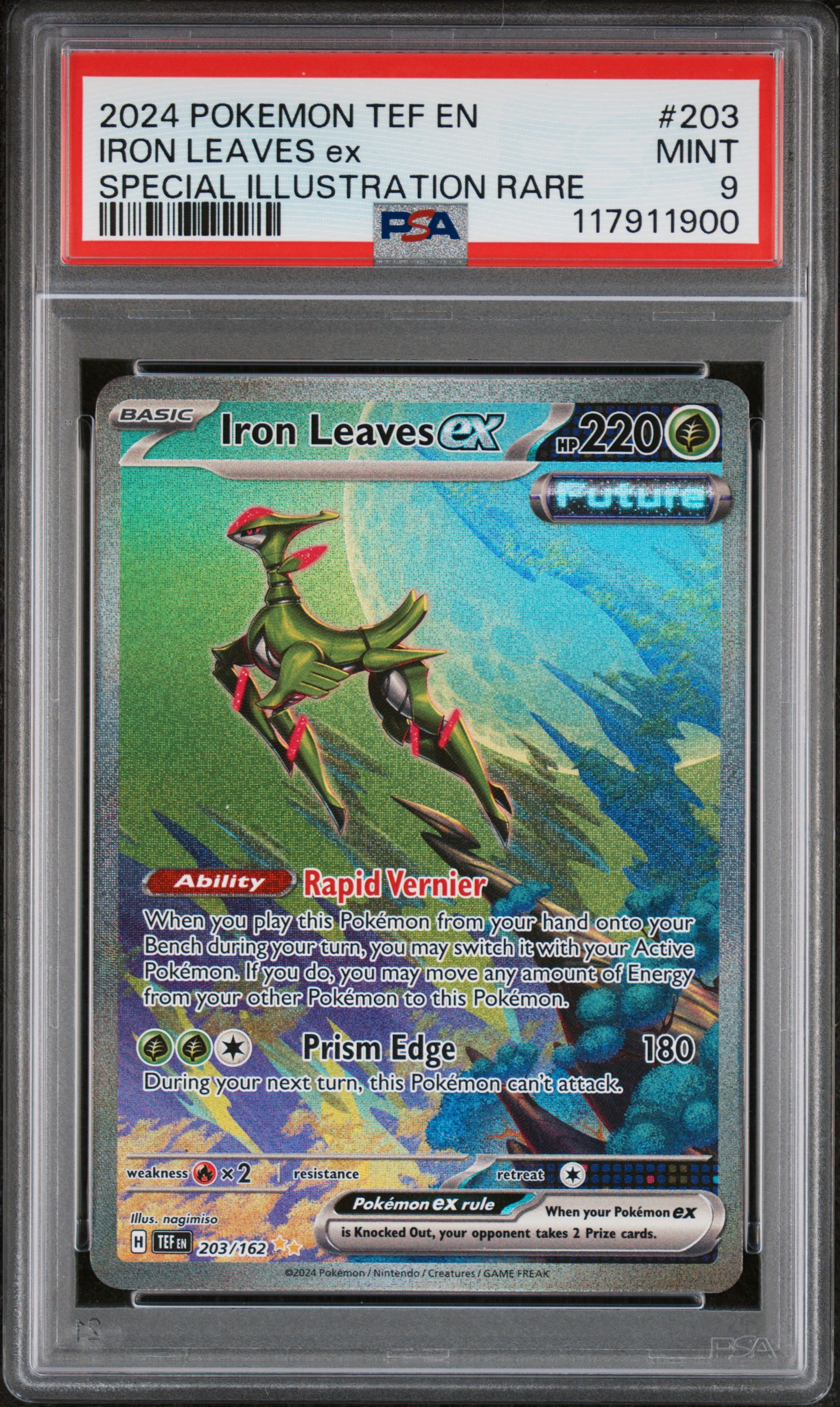 Ueyej5sgwki8 Jfz2vndrw.jpg 2024 POKEMON TEF EN-TEMPORAL FORCES 203 IRON LEAVES EX SPECIAL ILLUSTRATION RARE