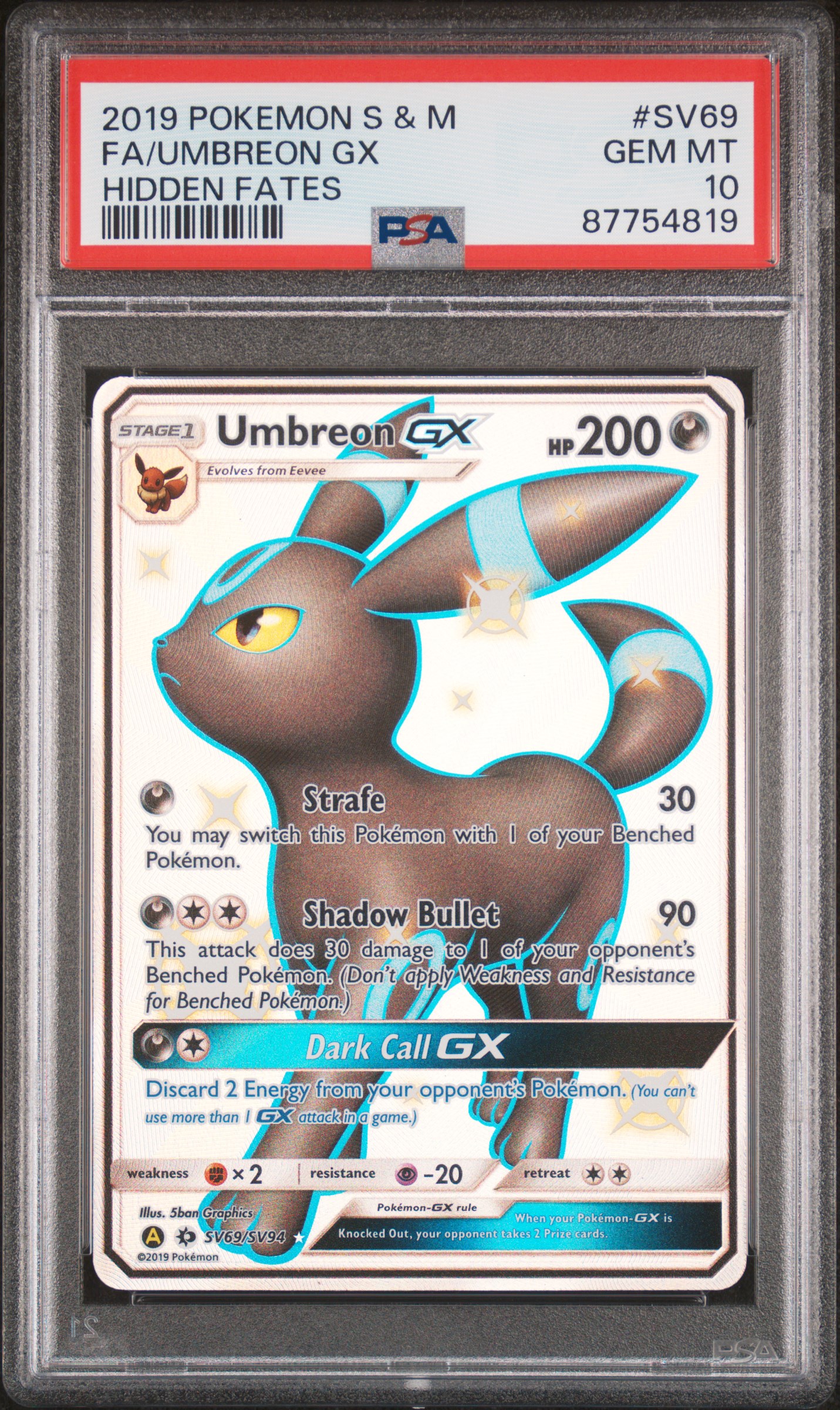 2019 POKEMON SUN & MOON HIDDEN FATES SV69 FULL ART/UMBREON GX