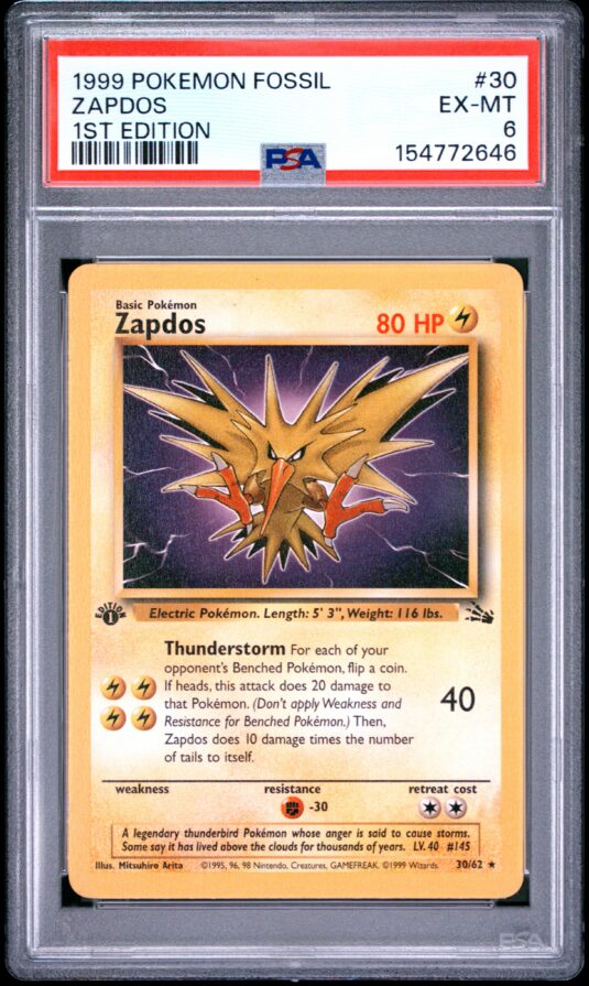 1999 Pokemon Fossil Tcg Cards #30 Zapdos 1st Edition Psa Ex Mt 6