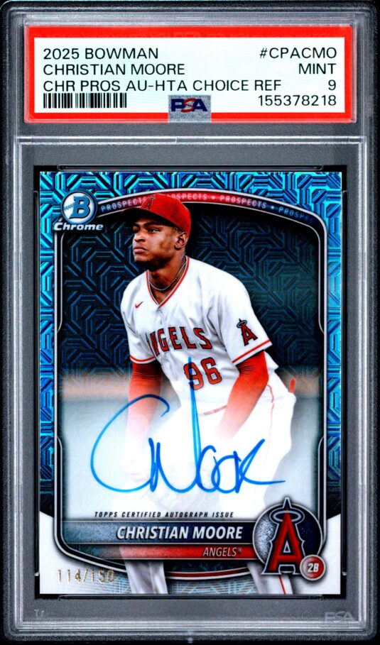 2025 Bowman Chrome Prospect Autographs Baseball Cards #cpacmo Christian Moore Chr Pros Au Hta Choice Ref Psa Mint 9