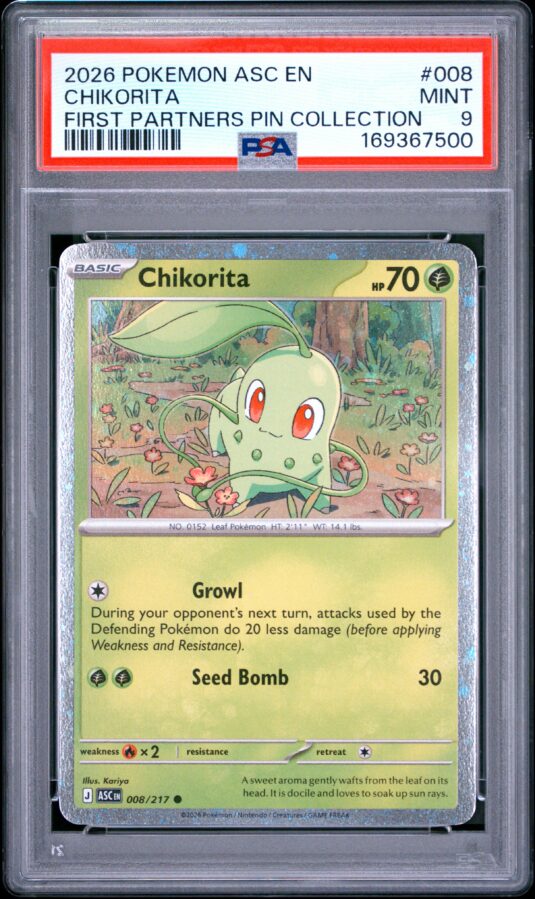 2026 Pokemon Asc En Ascended Heroes Tcg Cards #008 Chikorita First Partners Pin Collection Psa Mint 9