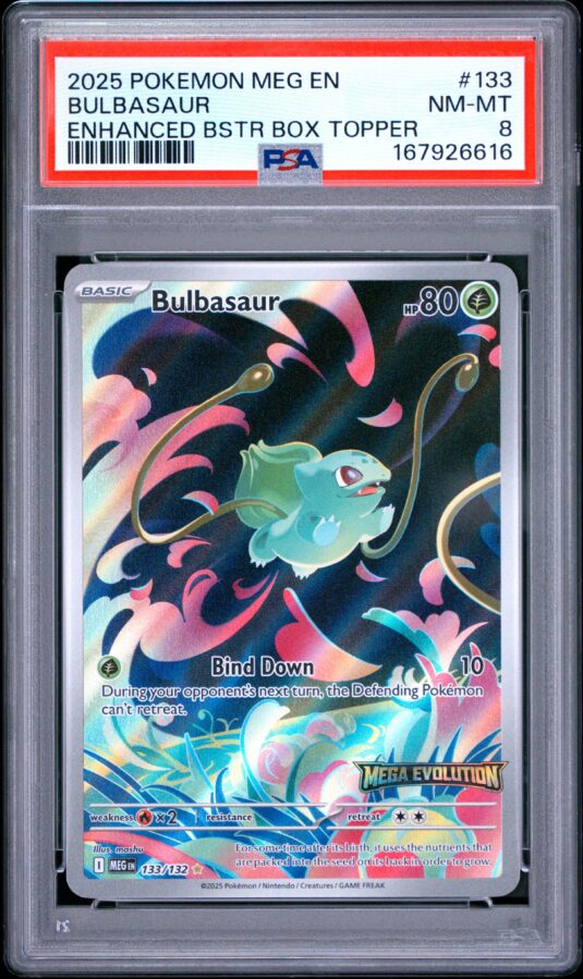 2025 Pokemon Meg En Mega Evolution Tcg Cards #133 Bulbasaur Enhanced Bstr Box Topper Psa Nm Mt 8
