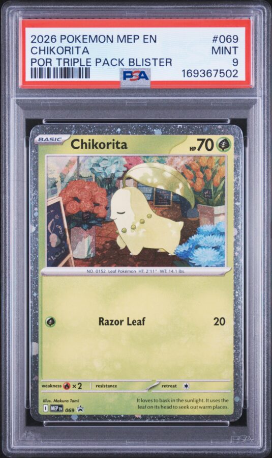 2026 Pokemon Mep En Me Black Star Promo Tcg Cards #069 Chikorita Por Triple Pack Blister Psa Mint 9