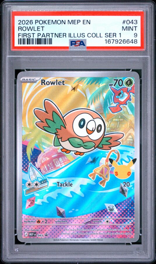 2026 Pokemon Mep En Me Black Star Promo Tcg Cards #043 Rowlet First Partner Illus Coll Ser 1 Psa Mint 9