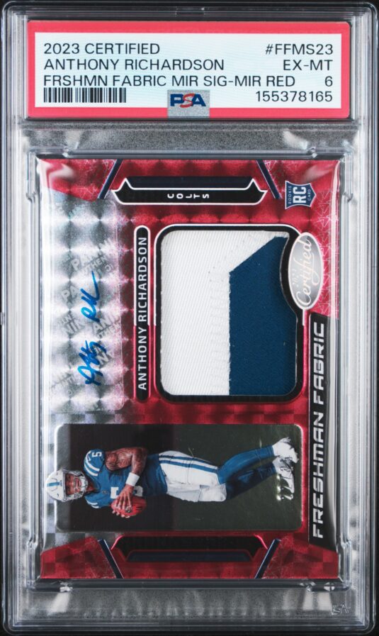 2023 Panini Certified Freshman Fabric Mirror Signature Football Cards #ffms23 Anthony Richardson Frshmn Fabric Mir Sig Mir Red Psa Ex Mt 6