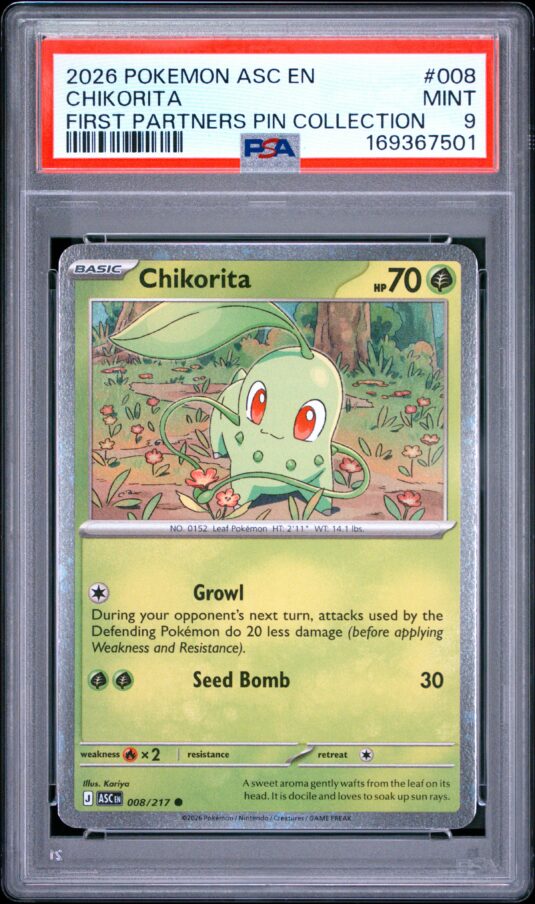 2026 Pokemon Asc En Ascended Heroes Tcg Cards #008 Chikorita First Partners Pin Collection Psa Mint 9
