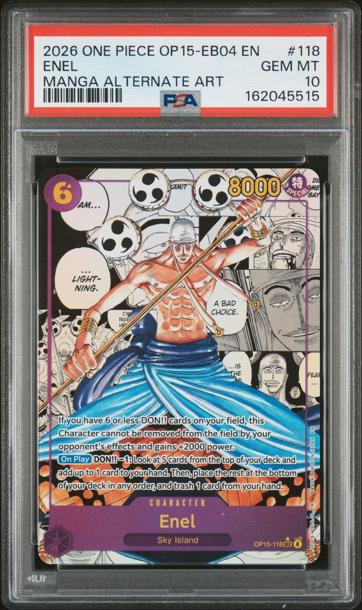 2026 ONE PIECE OP15-EB04-ADVENTURE ON KAMI'S ISLAND #118 ENEL MANGA ALTERNATE ART PSA GEM MT 10